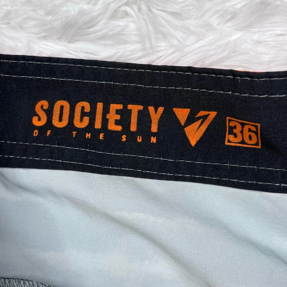 SOCIETY Of The Sun Men’s Orange Gray Striped Swim Board Shorts 36